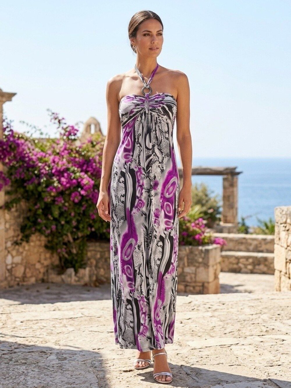 Women's Maxi O-Ring Halter Dress Purple Snake Large